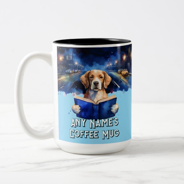 Dog Reading das große Buch individualisierbare Slo Zweifarbige Tasse (Links)