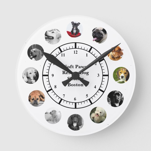 DOG Rescue Shelter Rehoming 12 FOTO Collage Runde Wanduhr (Vorderseite)