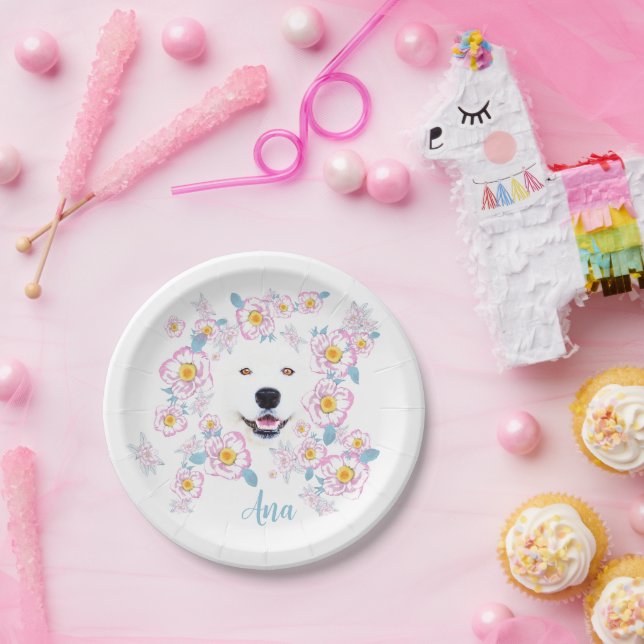 Dog Samoyed und rosa Blume, kundenspezifischer Nam Pappteller (Party)