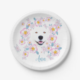 Dog Samoyed und rosa Blume, kundenspezifischer Nam Pappteller