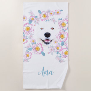 Dog Samoyed und rosa Blume, kundenspezifischer Nam Strandtuch