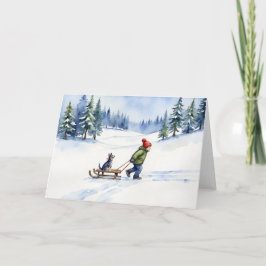 Dog Sled Watercolor Weihnachten Winter Karte