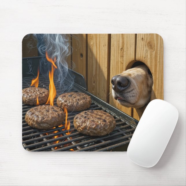 Dog Sniffing Hamburgers On a Barbecue Grill Mousepad (Mit Mouse)