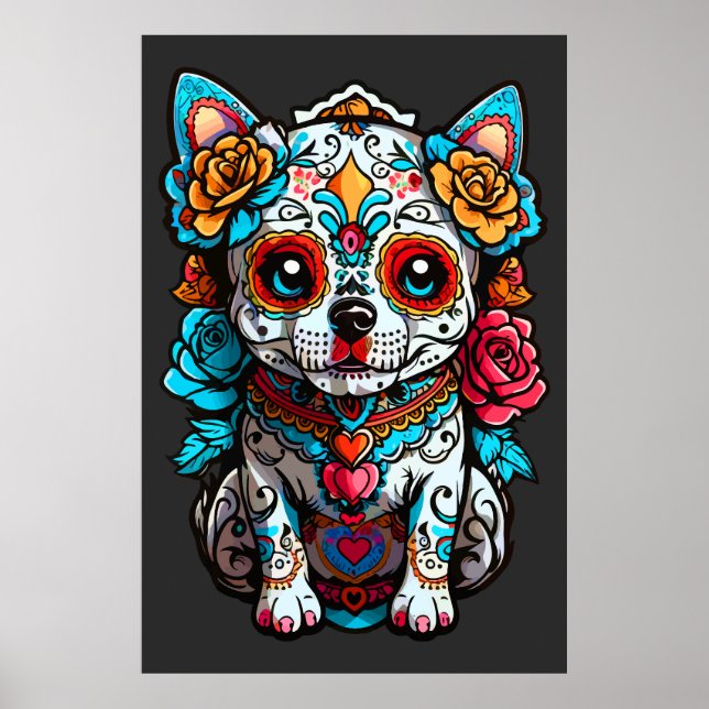 Dog Sugar Skull Halloween, Dia de los Muertos Poster (Vorne)