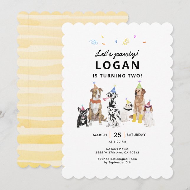 Dog Theme Let's Pawty Dog Birthday Party Einladung (Vorne/Hinten)