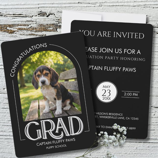Dog Training School Pet Photo Black Graduation Ankündigung (Black Dog graduation announcement . dog obedience training school)