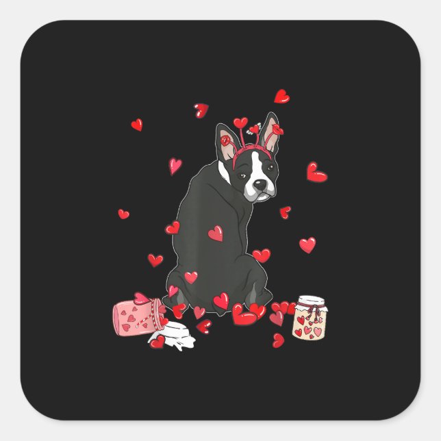 Dog Valentine Geschenk Niedlich Boston Terrier Val Quadratischer Aufkleber (Vorderseite)