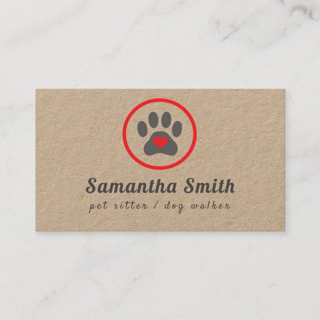 Dog Walker Pet Sitter Paw Heart Kraft Visitenkarte (Vorderseite)