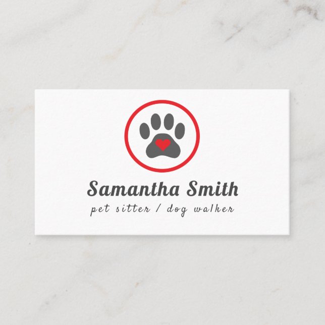 Dog Walker Pet Sitter Paw Herz Visitenkarte (Vorderseite)