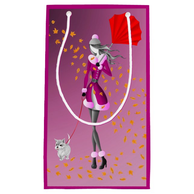 Dog Walker Roter Regenschirm im Herbst Kleine Geschenktüte (Vorderseite)