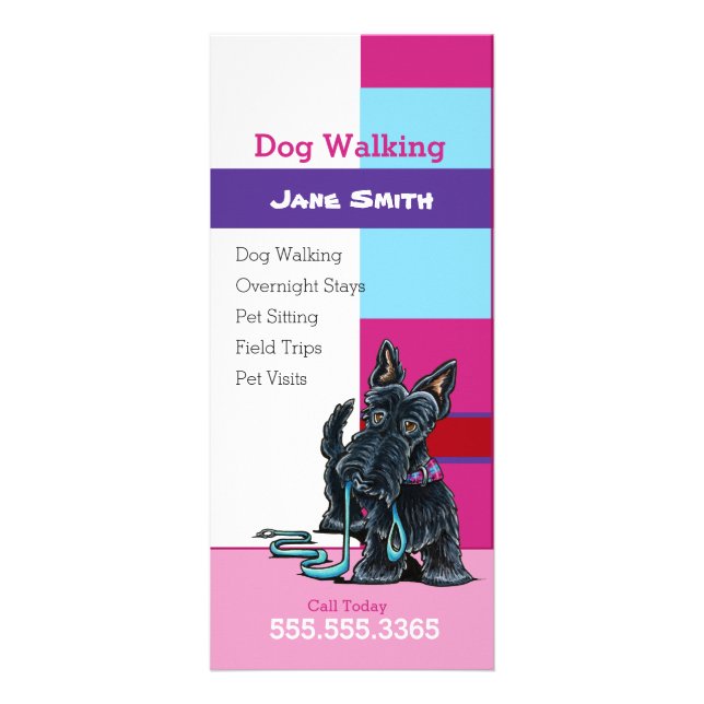 Dog Walker Scottie Kariert Pet Business Marketing Werbekarte (Vorne)