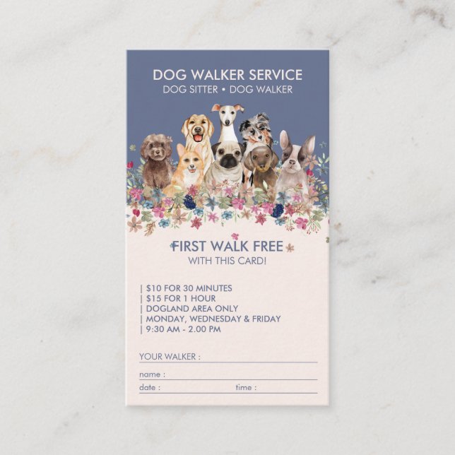 Dog Walker Service Kostenloser Geschenkname blau Visitenkarte (Vorderseite)
