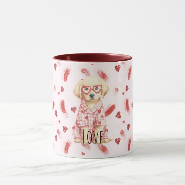 Dog with Heart Glasses Glitter Love Hearts  Tasse (Zentrum)