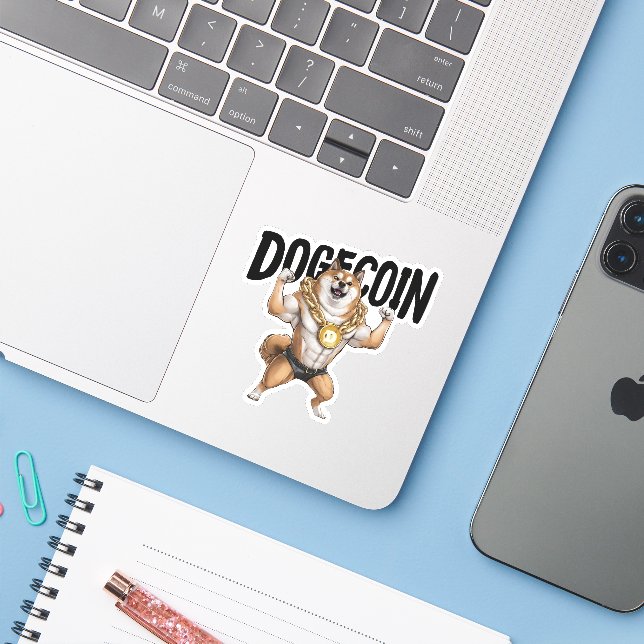 Dogecoin-Hundeschleifer Aufkleber (Laptop mit iPhone)