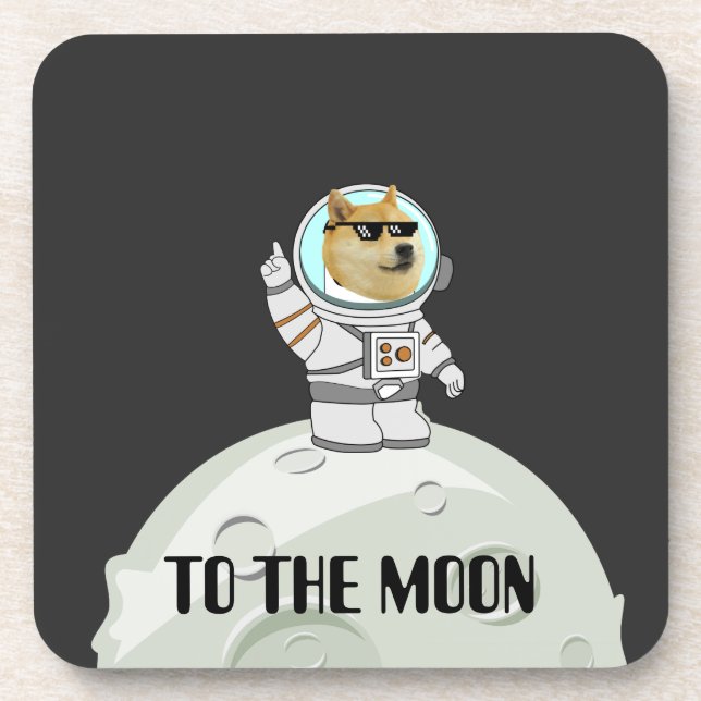 Dogecoin zum lustigen schwarzen Astronautenhund Getränkeuntersetzer (Vorderseite)