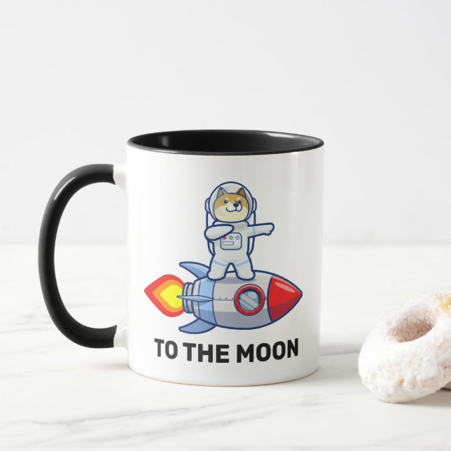 Dogecoin zum Moon Rocket Man Weltraumdampf Krypto Tasse (Mit Donut)