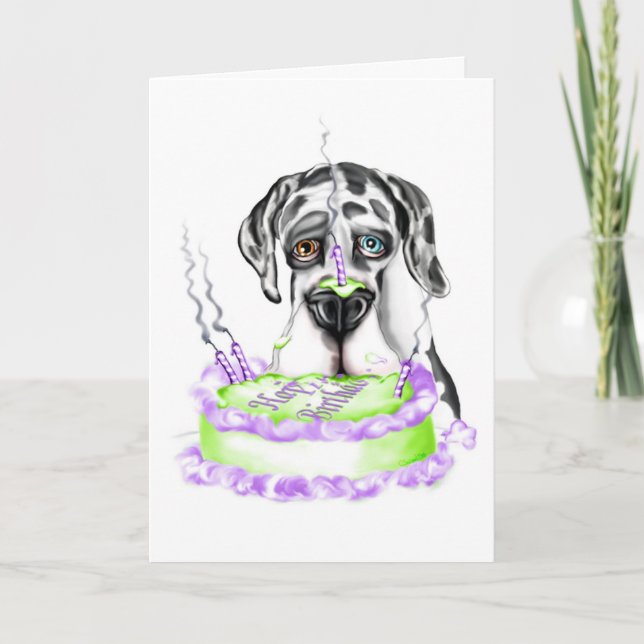 Dogge-Harlekin UC-Geburtstags-Kuchen Karte (Vorderseite)