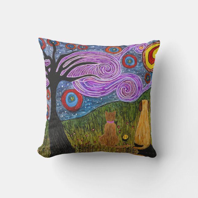 Doggie und Katze Starry Night Outdoor Pillow Kissen (Vorderseite)