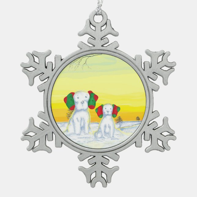 doggy snowman/ snowdog schneeflocken Zinn-Ornament (Vorderseite)