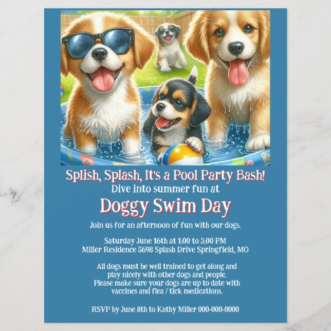 Doggy Swim Day Pool Party Einladung Flyer (Vorne)