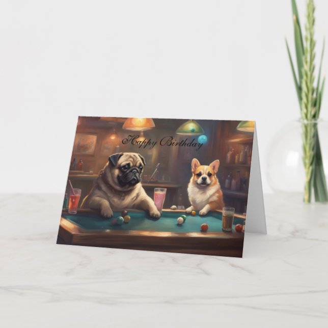 Dogs playing pool Happy Birthday from the team Karte (Vorderseite)