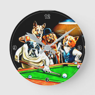 Dogs Playing Pool Runde Wanduhr
