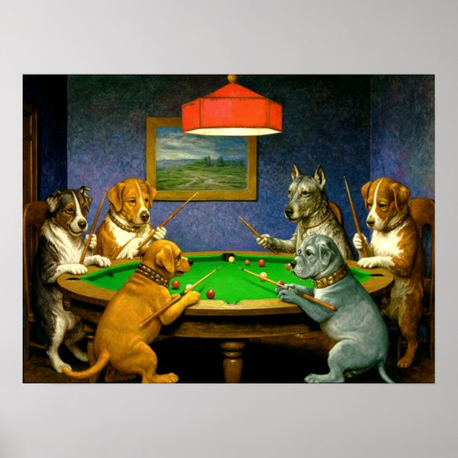 Dogs Playing Snooker Billiards Fun Spoof Poster (Vorne)
