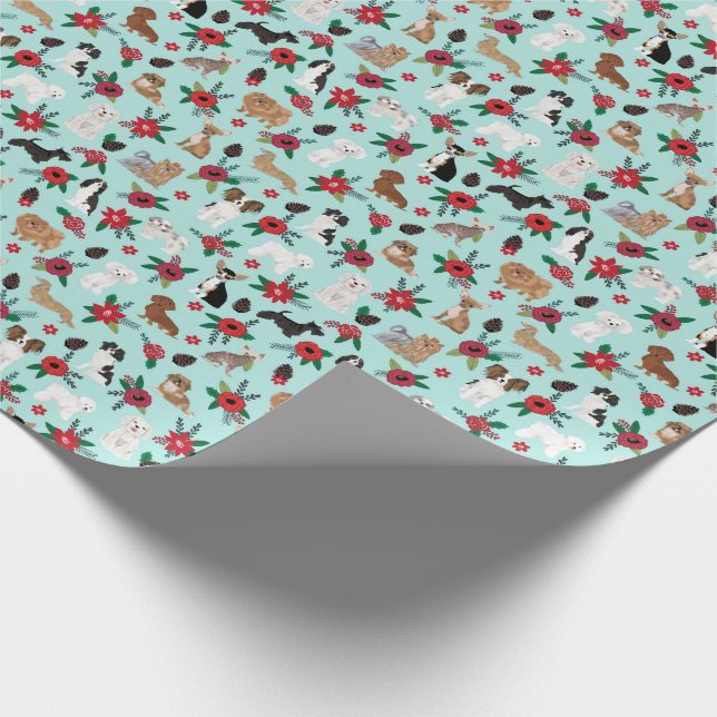 Dogs Poinsettias Christmas Floral Gift Wrap Geschenkpapier (Ecke)