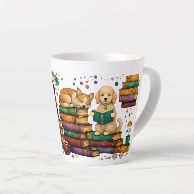 Dogs Reading Books Cozy Library Scene Milchtasse (Rechte Ecke)