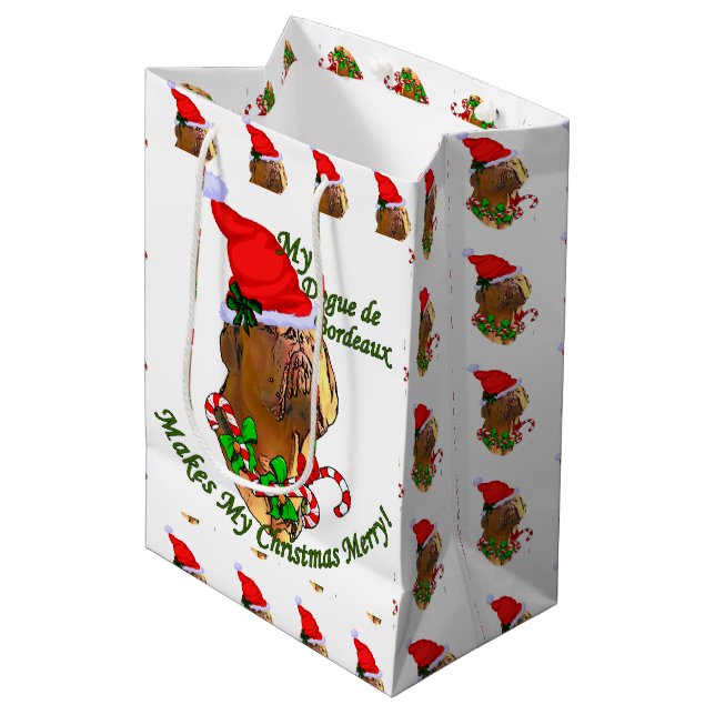 Dogue de Bordeaux Weihnachten Mittlere Geschenktüte (Vorderseite Schrägansicht)