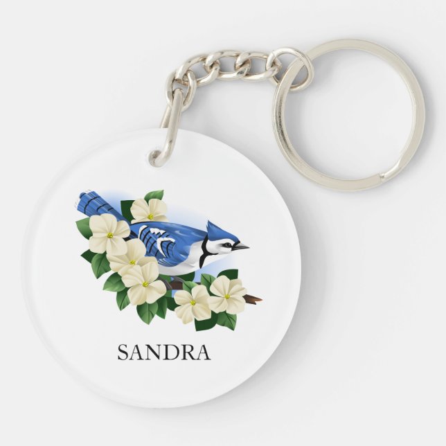 Dogwood-Blume und Blue Jay Bird-Schlüsselanhänger Schlüsselanhänger (Rückseite)