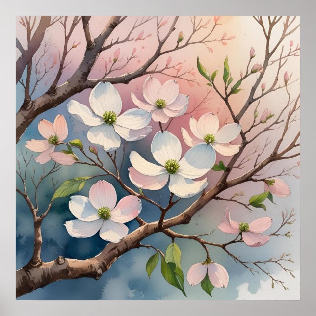Dogwood Trester im Wasserfarbenstil Poster (Vorne)