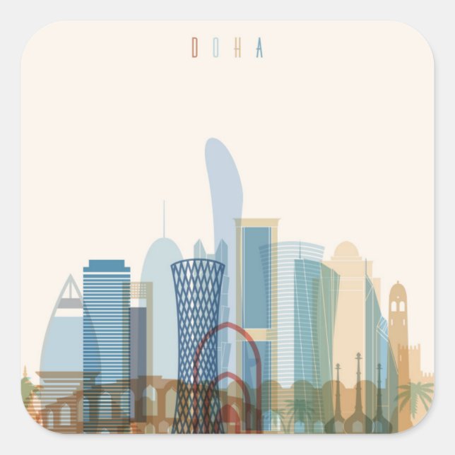 Doha, Katar | City Skyline Quadratischer Aufkleber (Vorderseite)