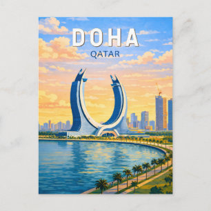 Doha Katar Illustration Reise Kunst Vintage Postkarte