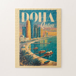 Doha Katar Skyline Illustration Reise Kunst Vintag