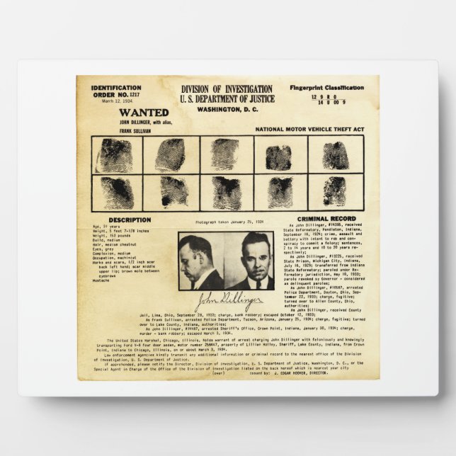 DOJ Identification order 1217 John Dillinger Fotoplatte (Vorderseite)