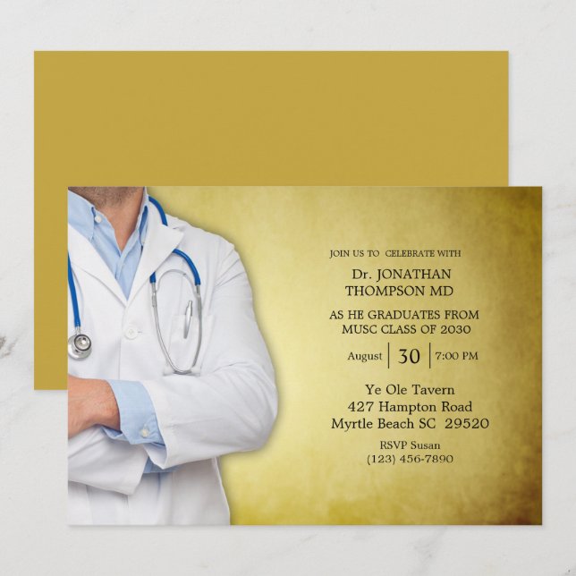Doktor Graduation Party Gold White Coat Einladung (Vorne/Hinten)