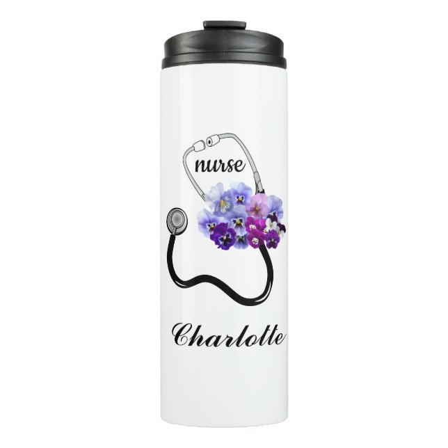 Doktor Nurse Stethoscope Blue Pansy Floral Thermosbecher (Vorderseite)