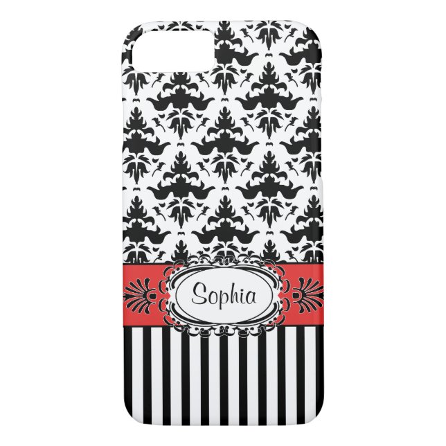 Dolce Vita Retro roter, Schwarzweiss-Damast Case-Mate iPhone Hülle (Rückseite)