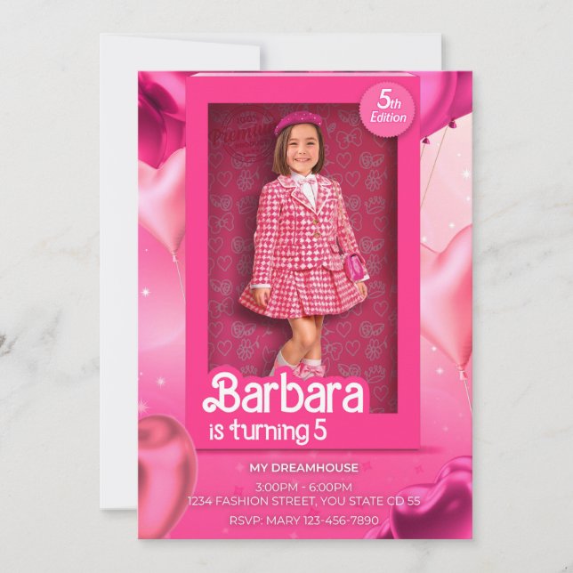 Doll Box Birthday Invitation - Barbie-Inspired Pin Einladung (Vorderseite)