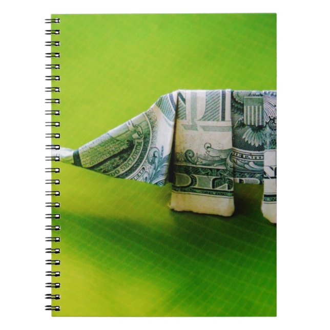 Dollar-Bill Origami Elephant auf grünem Hintergrun Notizblock (Vorderseite)