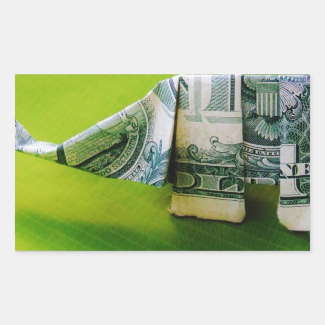 Dollar-Bill Origami Elephant auf grünem Hintergrun Rechteckiger Aufkleber (Vorderseite)