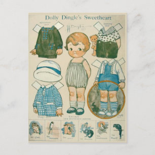 Dolly Dingles Herzblatt-Papierpuppe auf Postkarte