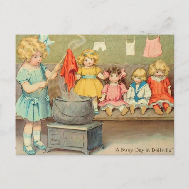 Dolly Wäsche Girl Vintag Playing Puppen Niedlich Postkarte (Vorderseite)