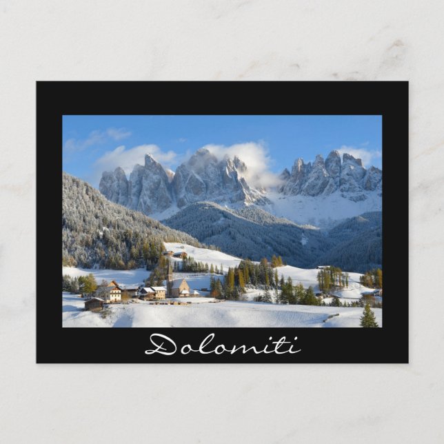 Dolomiten Dorf im Winter schwarzer Text Postkarte (Vorderseite)