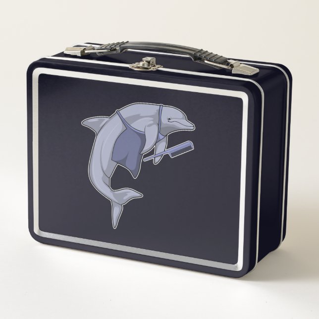 Dolphin als Friseur mit Kamm Metall Brotdose (Vorderseite)
