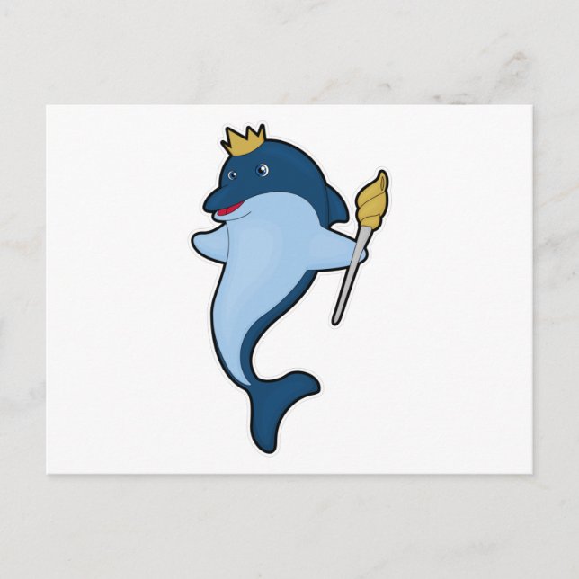 Dolphin als König mit Stab & Kronen Postkarte (Vorderseite)