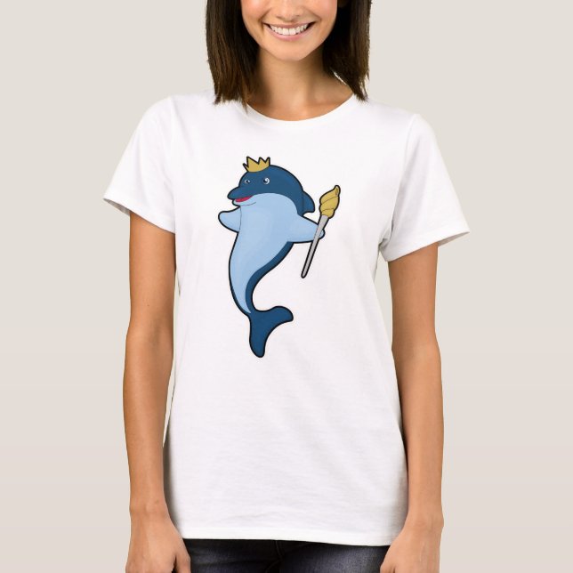Dolphin als König mit Stab & Kronen T-Shirt (Vorderseite)