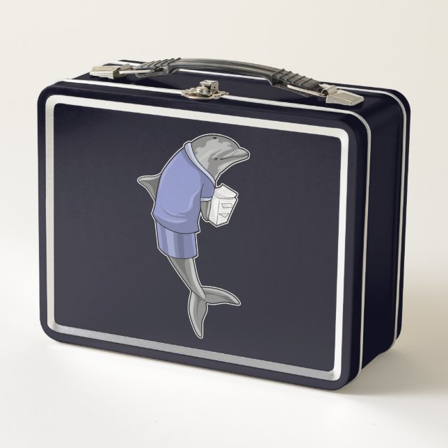 Dolphin als Sekretär mit Papierstapel Metall Brotdose (Vorderseite)