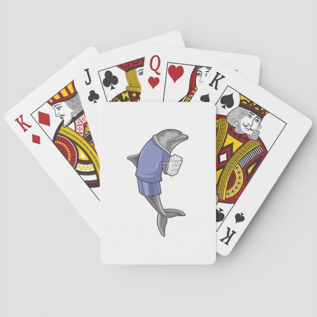 Dolphin als Sekretär mit Papierstapel Spielkarten (Rückseite)